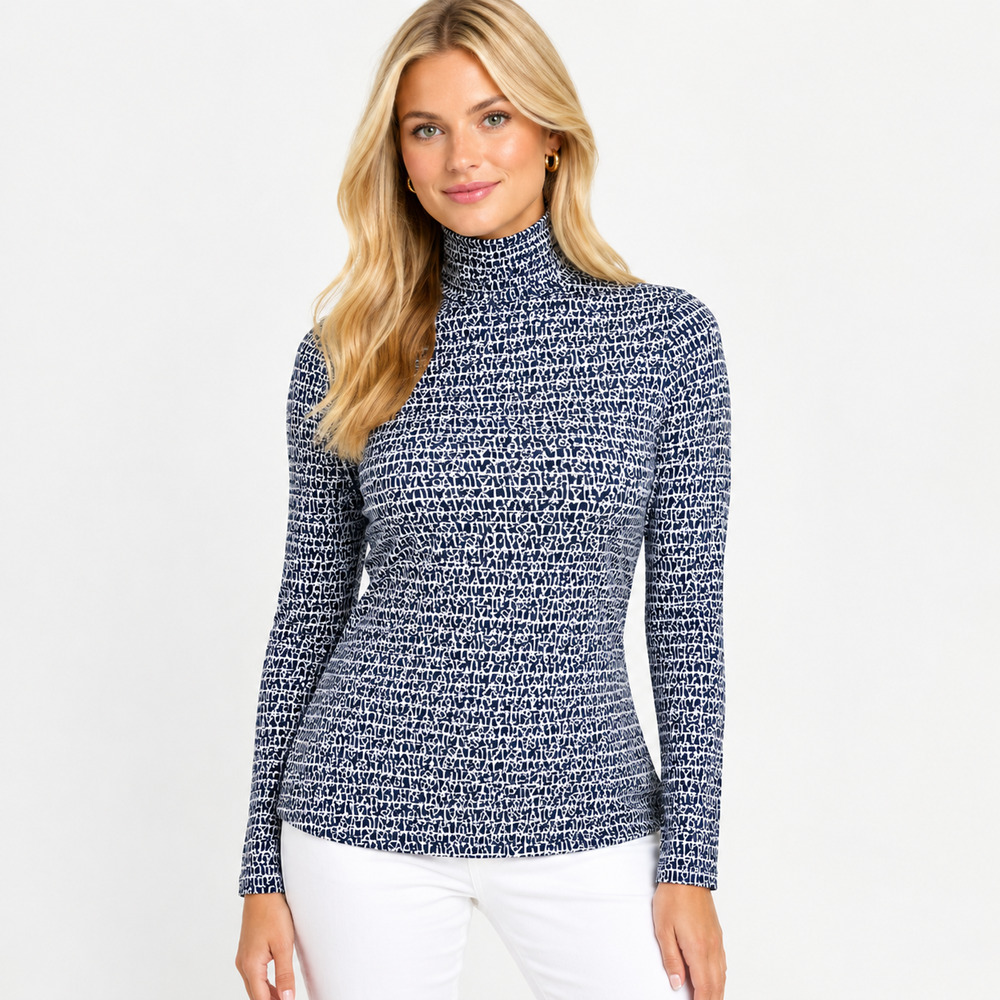 Lilly Pulitzer It's A Lilly Turtleneck Top L Navy White Logo Print Long Sleeve